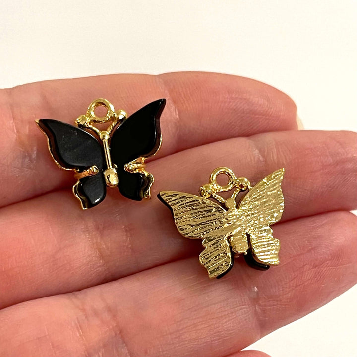24Kt Gold Plated Brass Hand Made Black Resin Butterfly Charms, 20x16mm