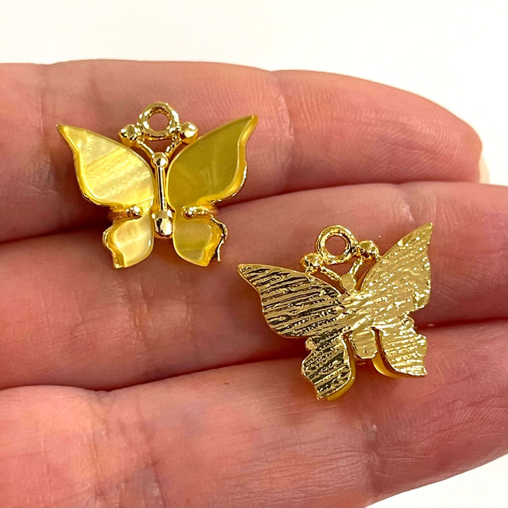 24Kt Gold Plated Brass Hand Made Yellow Resin Butterfly Charms, 20x16mm