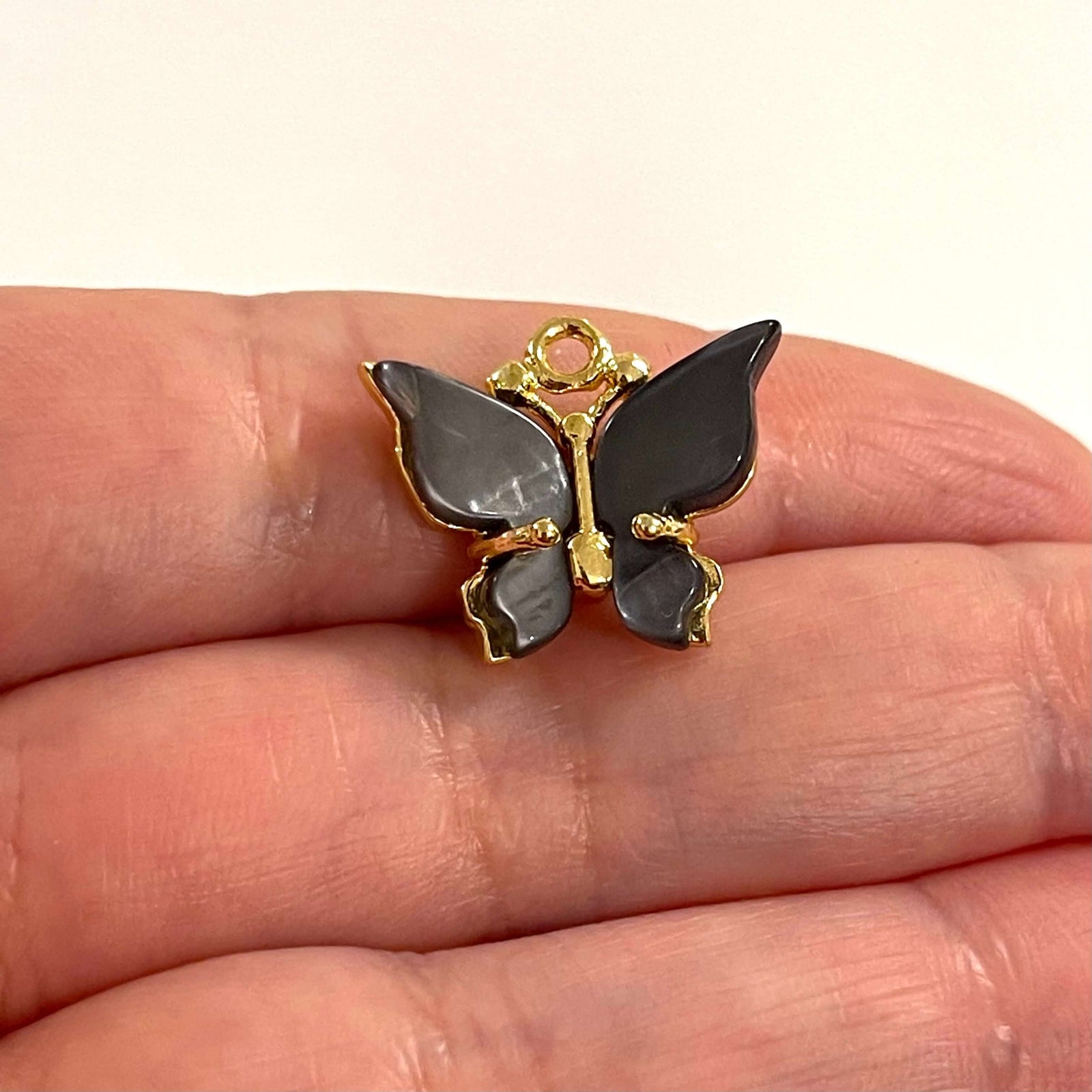 24Kt Gold Plated Brass Hand Made Smoke Grey Resin Butterfly Charms, 20x16mm