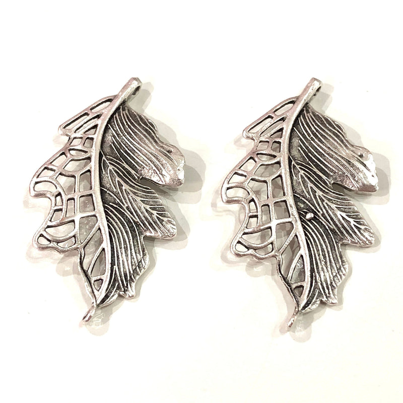 Silver Leaf Pendants, Antique Silver Plated Leaf Charms, Silver Plated Brass 4x3 cm,