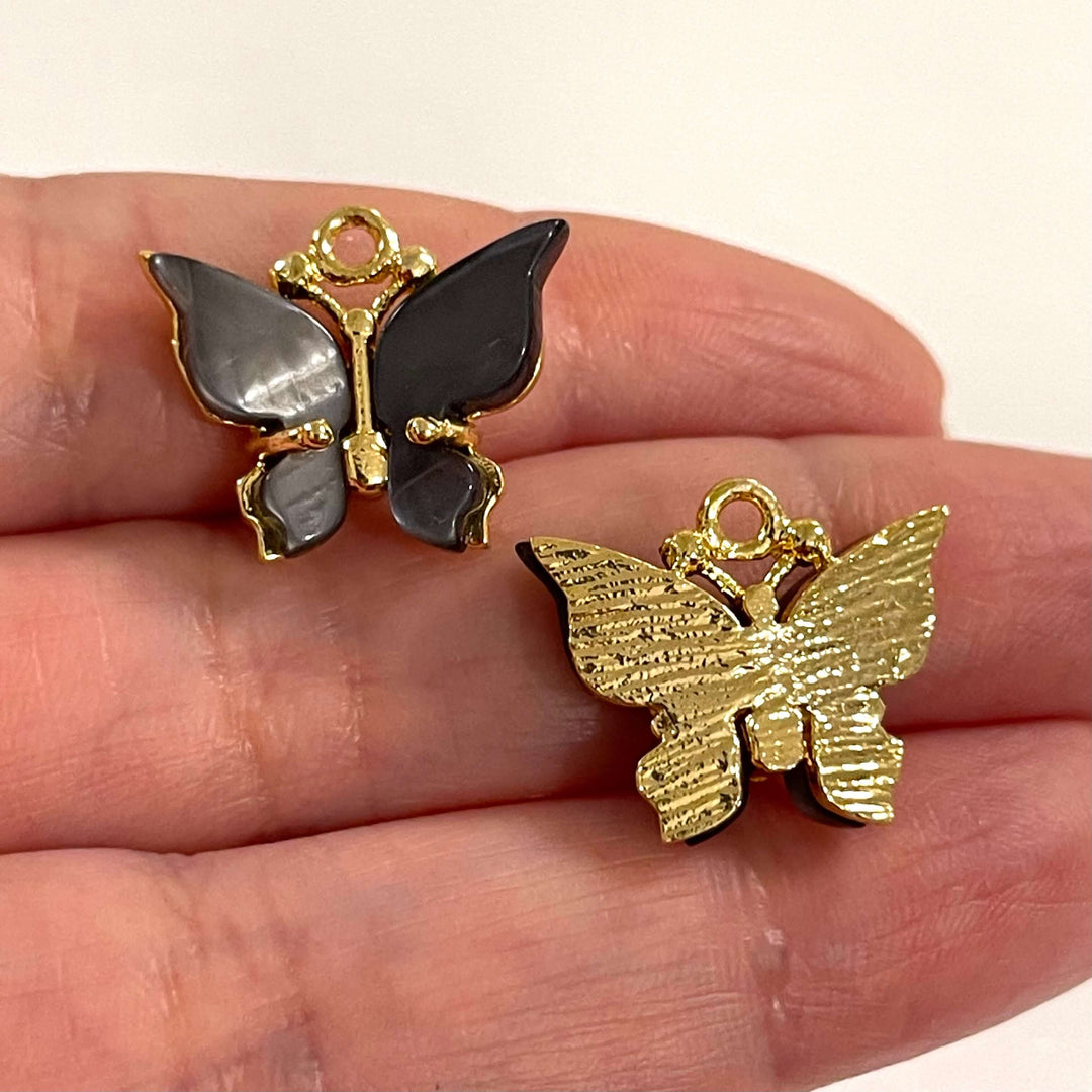 24Kt Gold Plated Brass Hand Made Smoke Grey Resin Butterfly Charms, 20x16mm