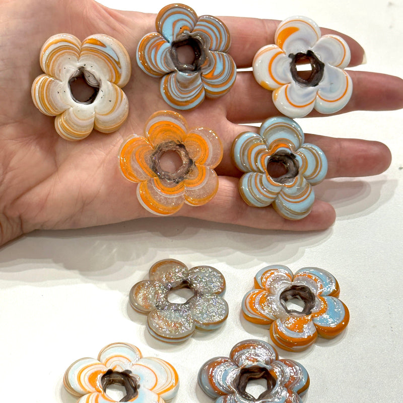 Artisan Handmade Chunky Marbled Glass Flower Beads, Size Between 35 - 40mm, 5 pcs in a pack