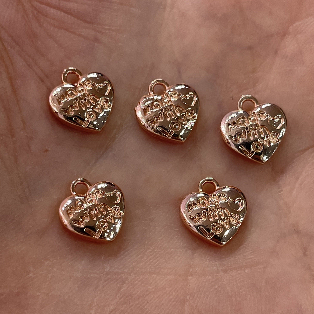 Made With Love Heart Charms, Rose Gold Plated 10mm Made With Love Heart Charms, 10 pcs in a pack