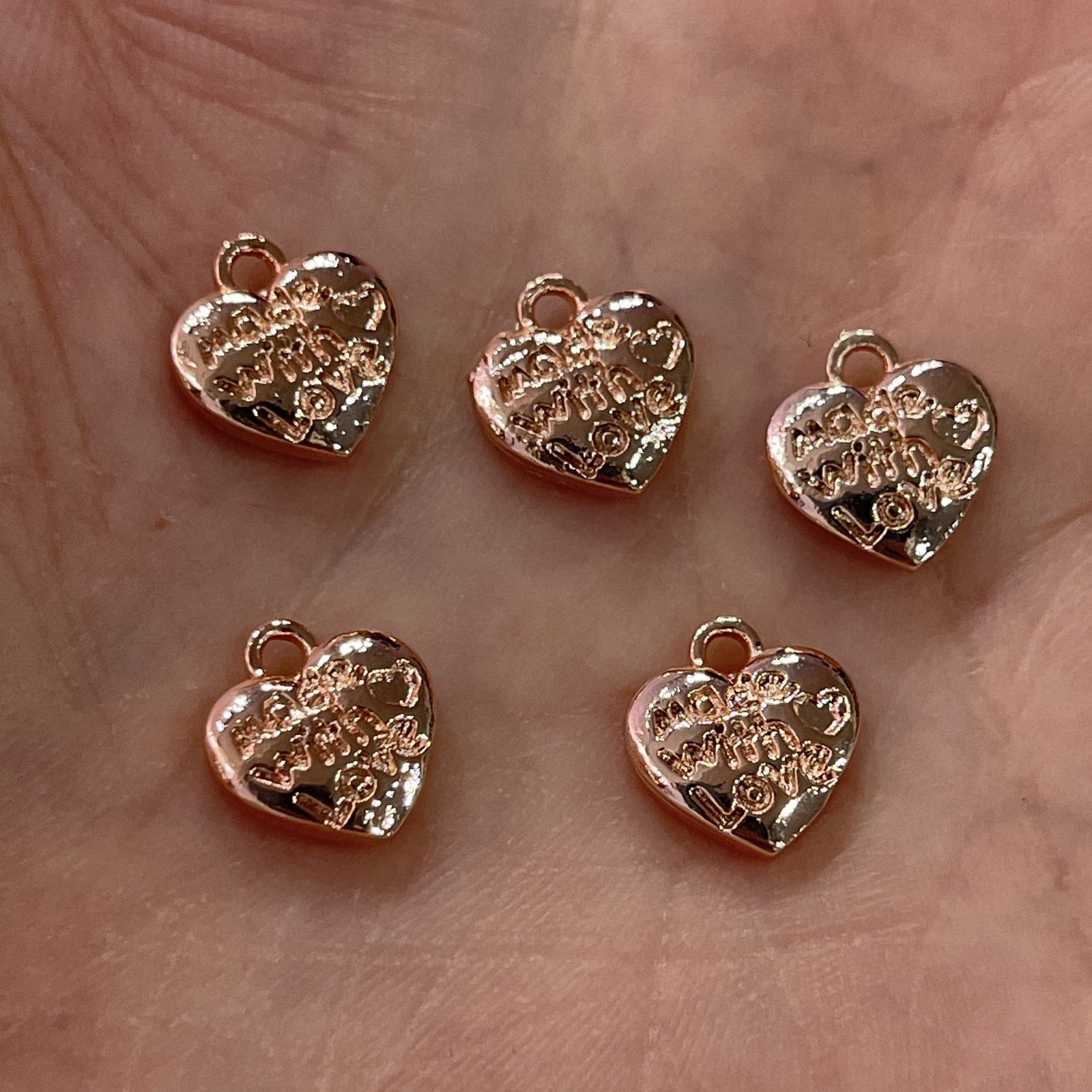 Made With Love Heart Charms, Rose Gold Plated 10mm Made With Love Heart Charms, 10 pcs in a pack