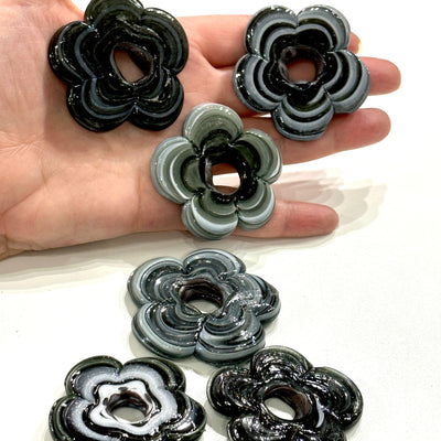 Artisan Handmade Chunky Marbled Glass Flower Beads, Size Between 50mm, 3 pcs in a pack