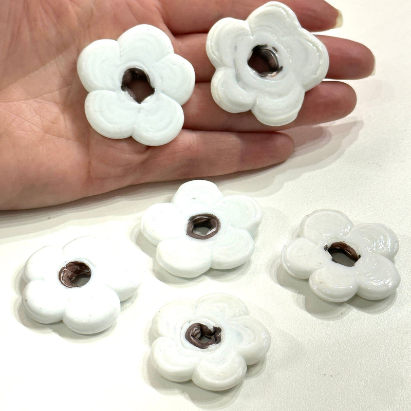 Artisan Handmade Chunky White Glass Flower Beads, Size Between 35 - 40mm, 2 pcs in a pack