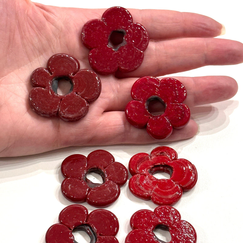 Artisan Handmade Chunky Red Glass Flower Beads, Size Between 30 - 35mm, 2 pcs in a pack