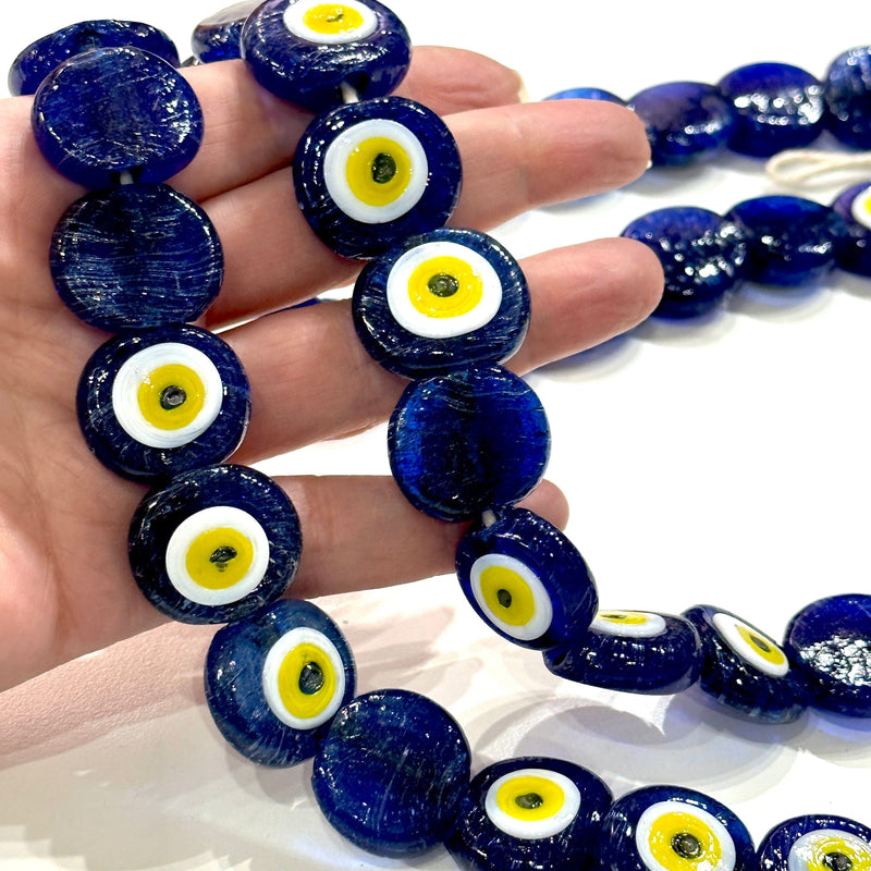 Traditional Turkish Artisan Handmade Glass Navy Evil Eye Beads, Large Hole Evil Eye Glass Beads, 5 Beads per pack