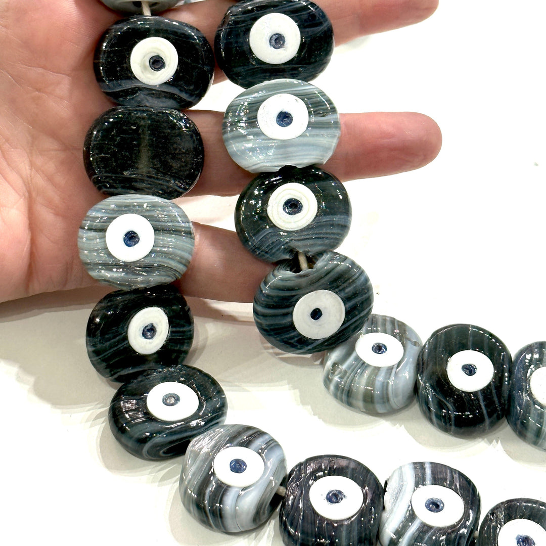 Traditional Turkish Artisan Handmade Glass Marbled Evil Eye Beads, Large Hole Evil Eye Glass Beads, 5 Beads per pack
