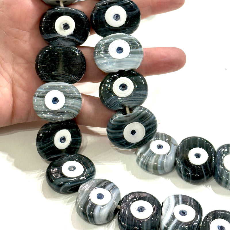 Traditional Turkish Artisan Handmade Glass Marbled Evil Eye Beads, Large Hole Evil Eye Glass Beads, 5 Beads per pack