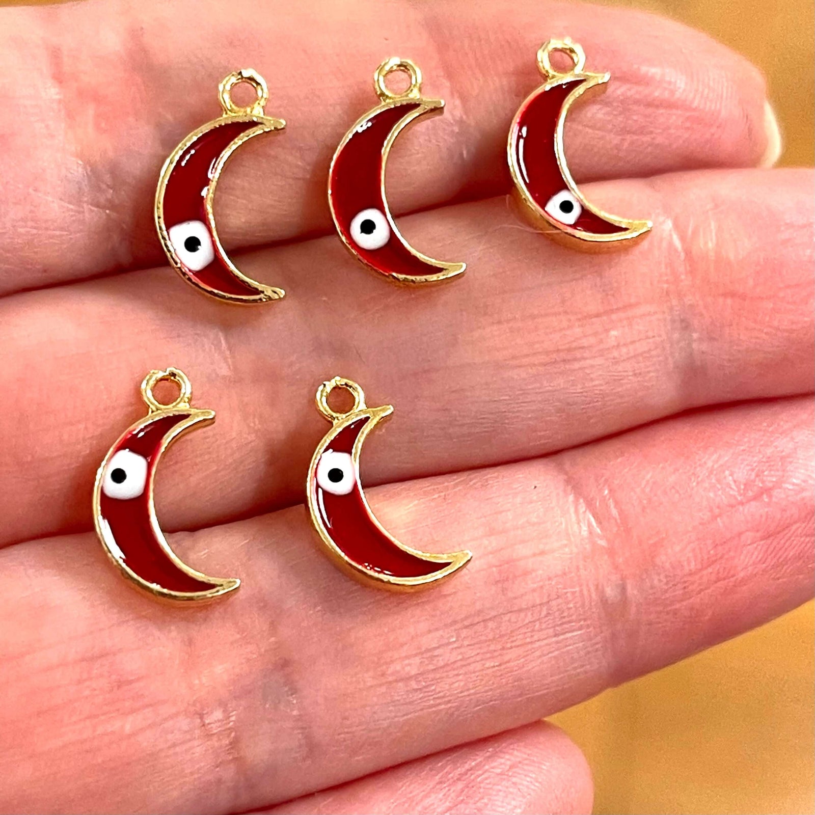 24Kt Gold Plated Brass Crescent Charms With Eye, Gold Plated Crescent Red Enamelled Charms, 5 pcs in a pack