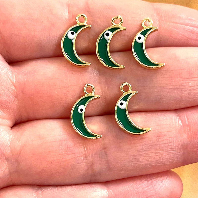 24Kt Gold Plated Brass Crescent Charms With Eye, Gold Plated Green Crescent Enamelled Charms, 5 pcs in a pack£2.5