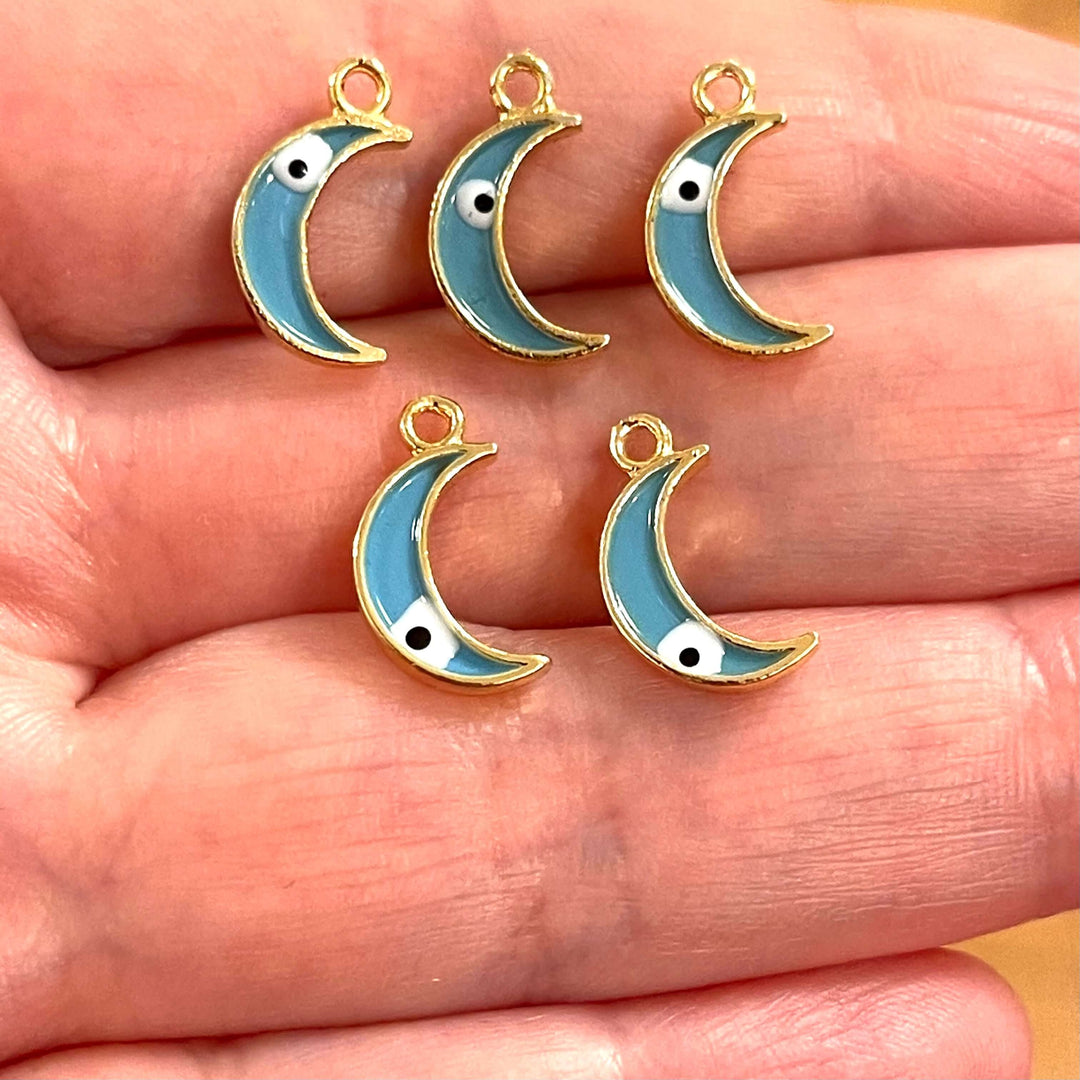 24Kt Gold Plated Brass Crescent Charms With Eye, Gold Plated Blue Crescent Enamelled Charms, 5 pcs in a pack