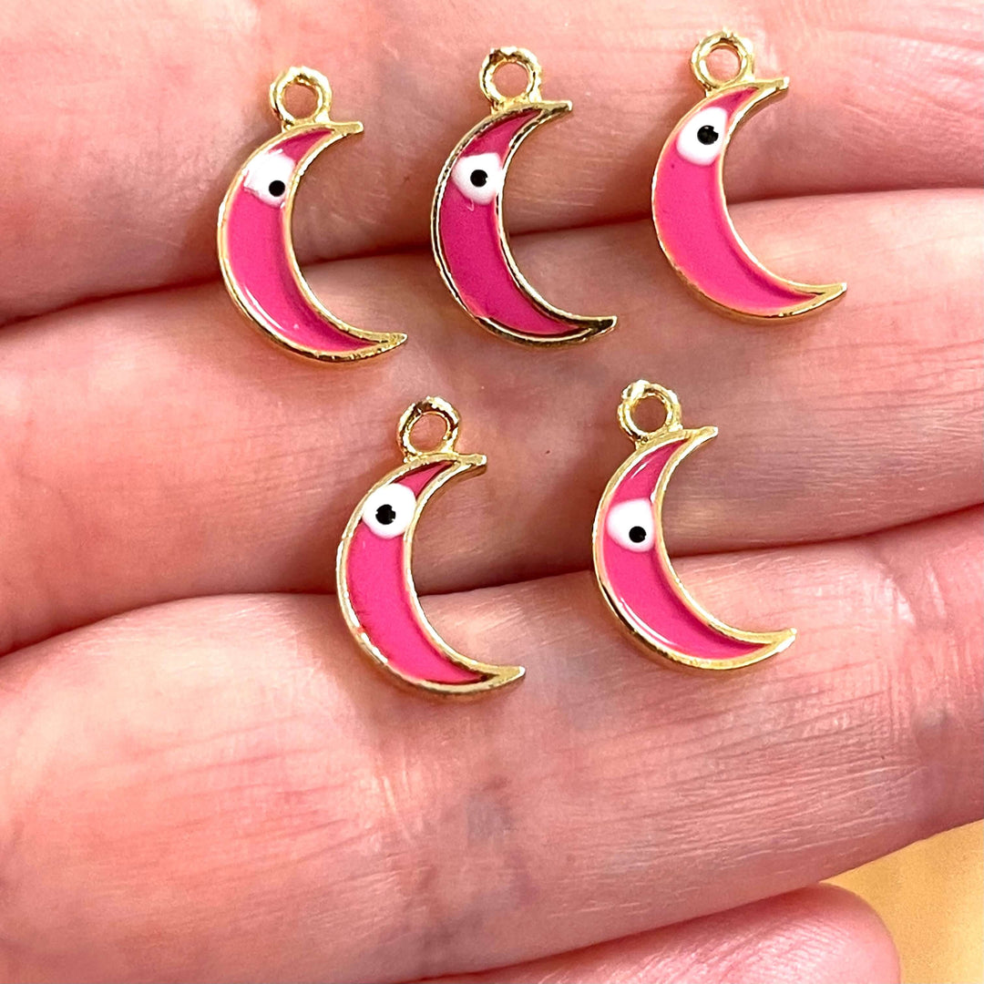 24Kt Gold Plated Brass Crescent Charms With Eye, Gold Plated Pink Crescent Enamelled Charms, 5 pcs in a pack
