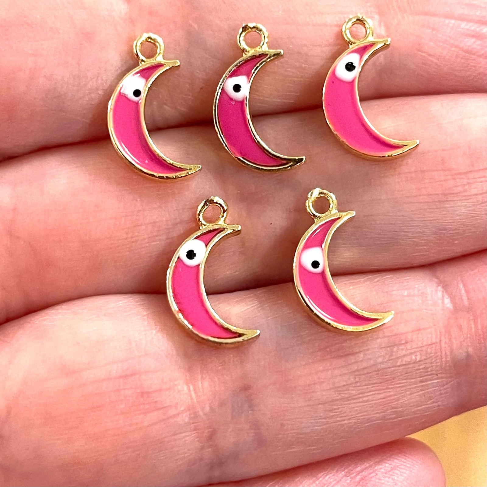 24Kt Gold Plated Brass Crescent Charms With Eye, Gold Plated Pink Crescent Enamelled Charms, 5 pcs in a pack