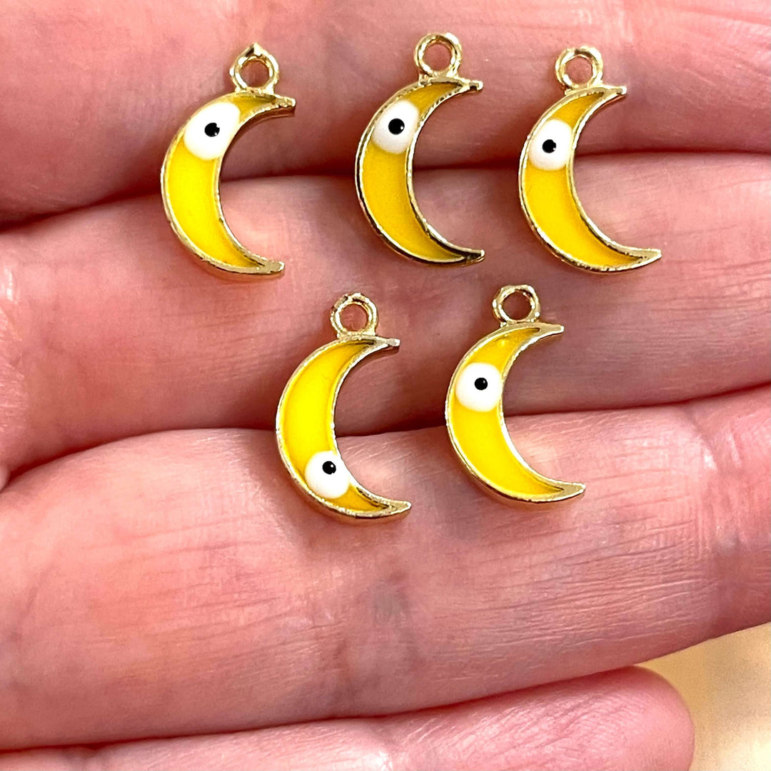 24Kt Gold Plated Brass Crescent Charms With Eye, Gold Plated Yellow Crescent Enamelled Charms, 5 pcs in a pack