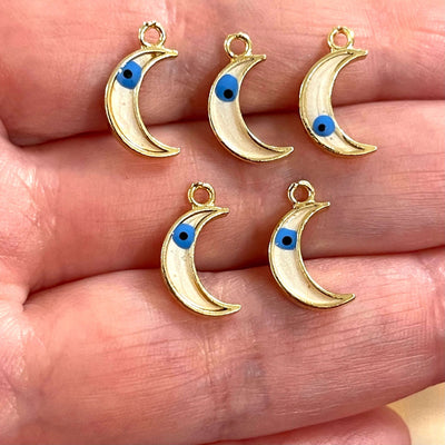 24Kt Gold Plated Brass Crescent Charms With Eye, Gold Plated White Crescent Enamelled Charms, 5 pcs in a pack£2.5