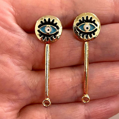 24Kt Gold Plated Brass Evil Earrings, Pair of Gold Plated Brass Turquoise Enamelled Earring with Rubber Backs