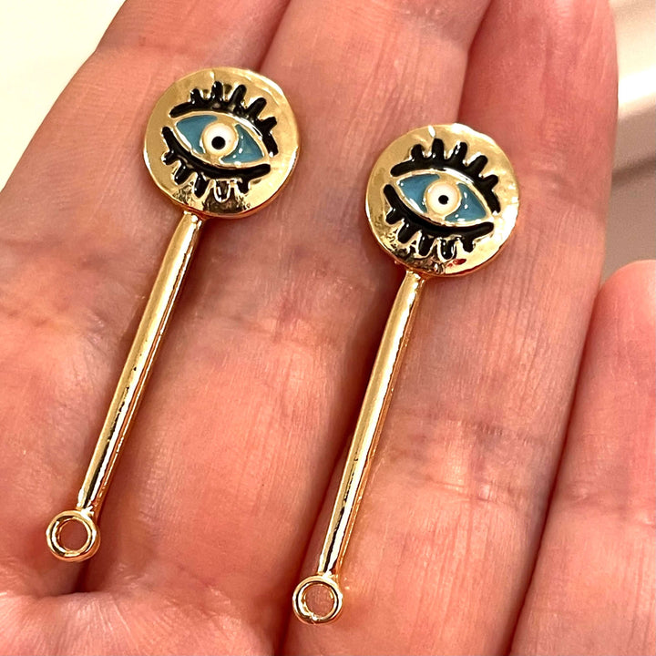 24Kt Gold Plated Brass Evil Earrings, Pair of Gold Plated Brass Turquoise Enamelled Earring with Rubber Backs