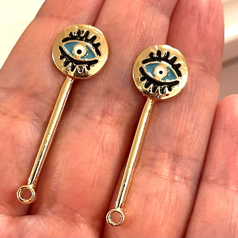 24Kt Gold Plated Brass Evil Earrings, Pair of Gold Plated Brass Turquoise Enamelled Earring with Rubber Backs