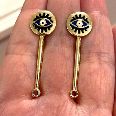 24Kt Gold Plated Brass Evil Earrings, Pair of Gold Plated Brass Navy Blue Enamelled Earring with Rubber Backs