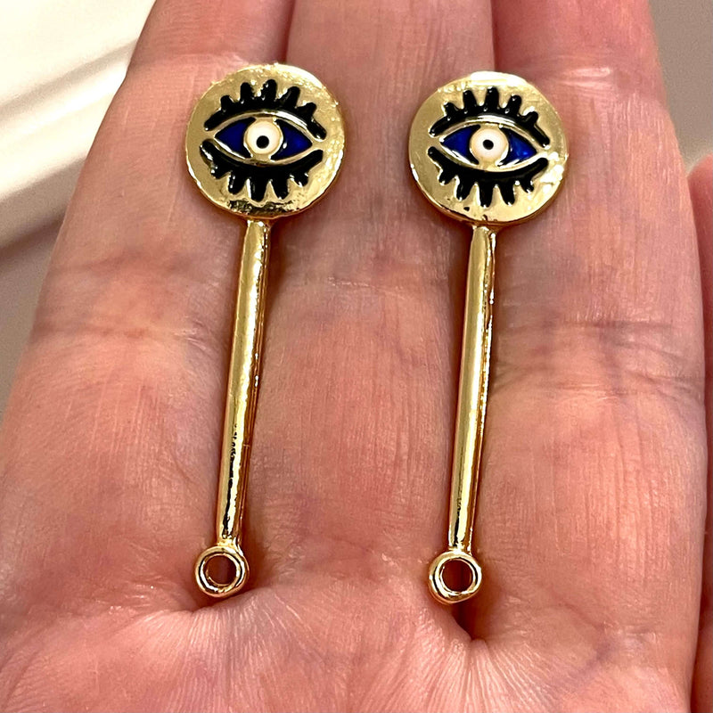 24Kt Gold Plated Brass Evil Earrings, Pair of Gold Plated Brass Navy Blue Enamelled Earring with Rubber Backs