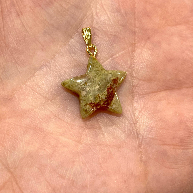 Unakite Star Pendant With 24Kt Gold Plated Bail, Genuine Unakite Hand Cut Star Pendant