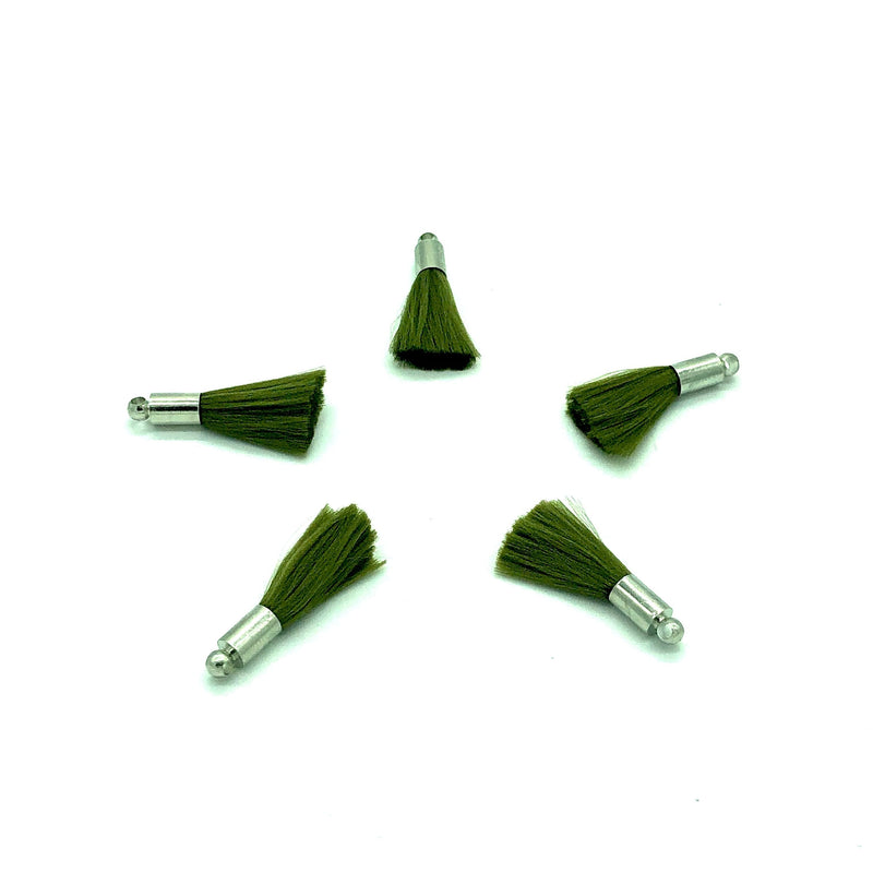 Olive Green Mini Silk Tassels with Rhodium Plated Caps, 5 Tassels in a pack