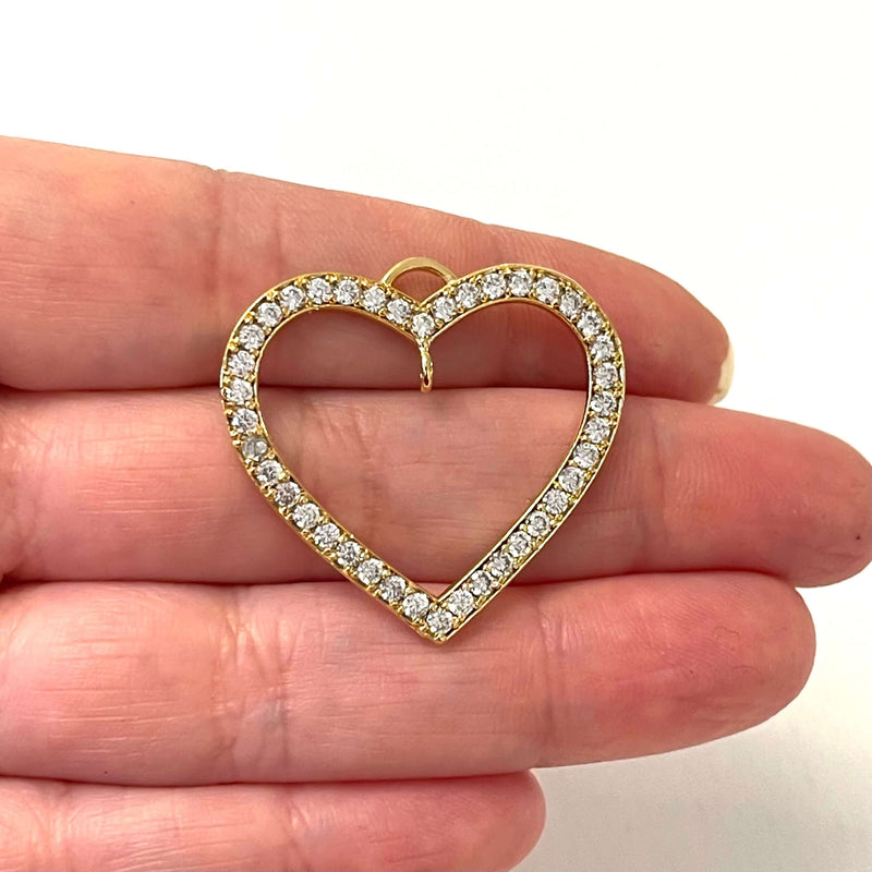 Plaqué Or 24Kt Pendentif CZ Micro Pave Coeur de Haute Qualité avec Trou Ouvert