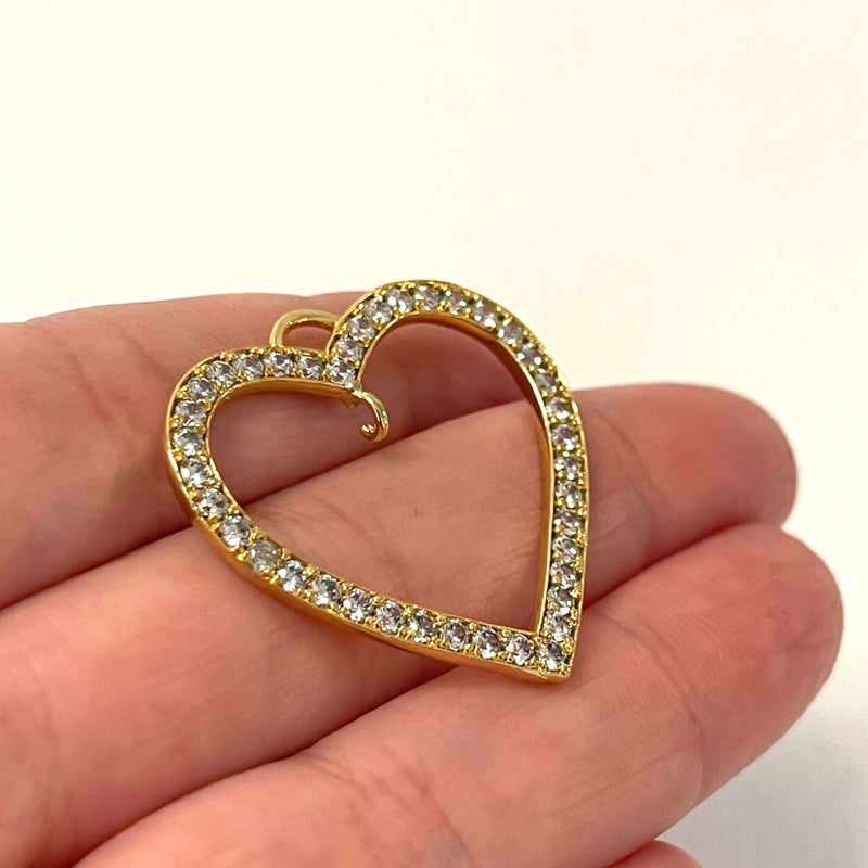 Plaqué Or 24Kt Pendentif CZ Micro Pave Coeur de Haute Qualité avec Trou Ouvert