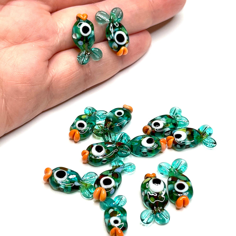 Hand Made Murano Glass Transparent Teal Green Fish Charms, 2 pcs in a pack