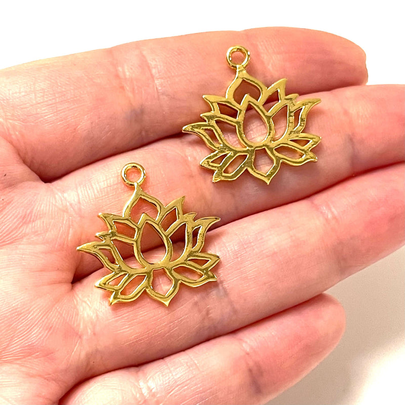 24Kt Shiny Gold Plated Brass Lotus Charms, Gold Lotus Charms, 2 pcs in a pack