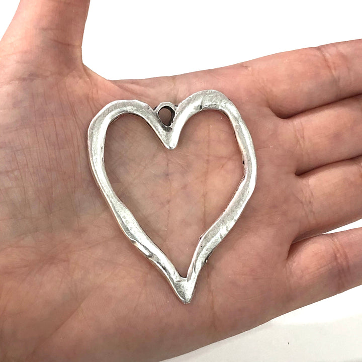 Antique Silver Plated Large Heart Pendant, Large Silver Heart Pendant, 57mm