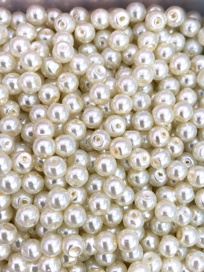 Glass Pearl Beads  8mm, 100Gr Pack Approx 160 Beads Ivory Color, Ivory Glass Pearl