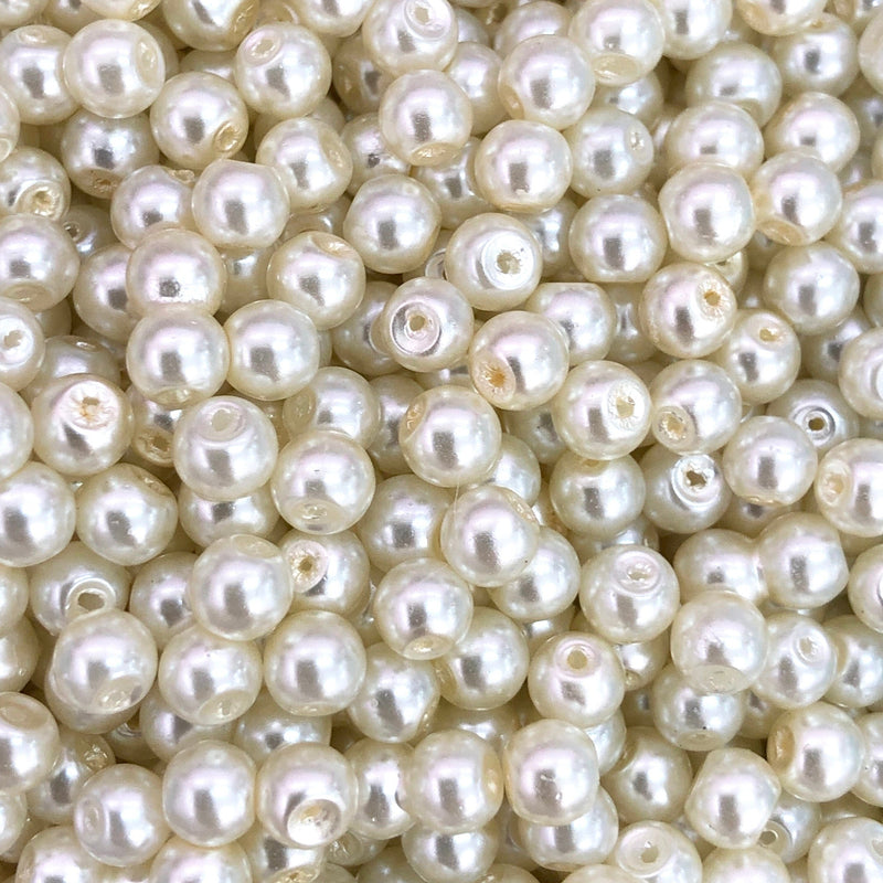 Glasperlen 6 mm, 100 g, Packung mit ca. 350 Perlen, elfenbeinfarbene Glasperlen