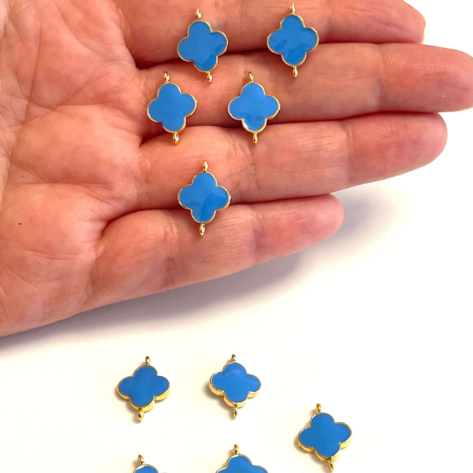 24Kt Gold Plated Blue Enamelled Clover Connector Double Loop Charms, 5 pcs in a Pack