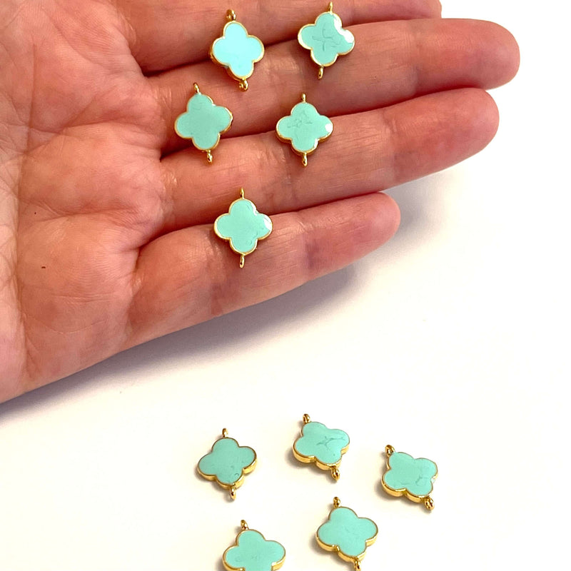 Connecteur de trèfle émaillé à la menthe plaqué or 24 carats, breloques à double boucle, 5 pièces dans un paquet