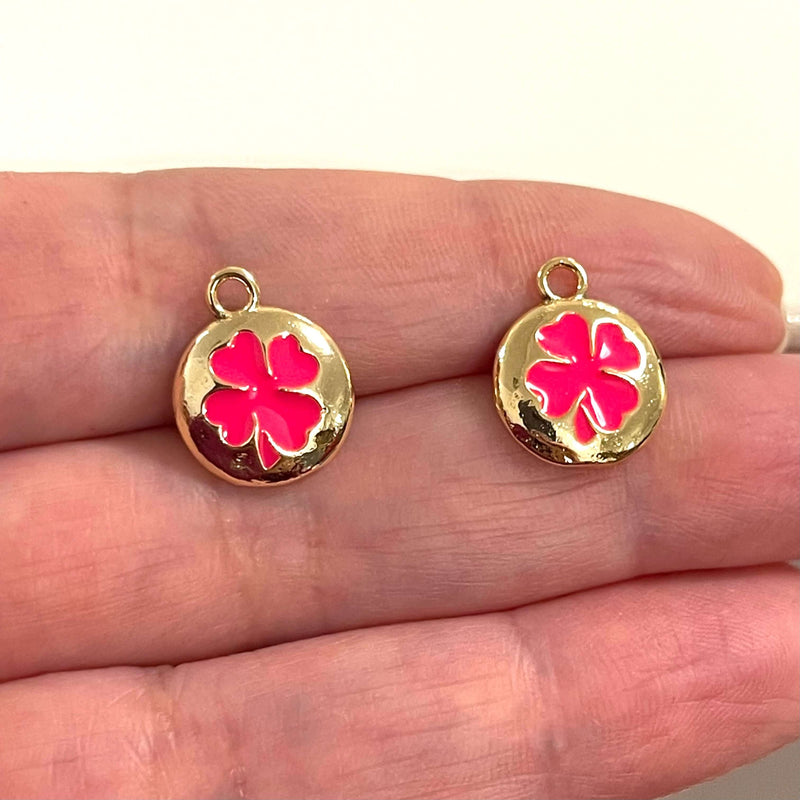 24Kt Gold Plated Brass Neon Pink Enamelled Clover Charms, 2 pcs in a pack