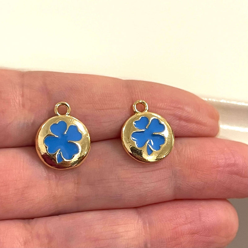 24Kt Gold Plated Brass Sky Blue Enamelled Clover Charms, 2 pcs in a pack