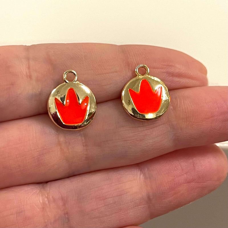 24Kt Gold Plated Brass Neon Orange Enamelled Crown Charms, 2 pcs in a pack