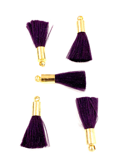 Dk. Purple Mini Silk Tassels with 24k Gold Plated Caps, 5 Tassels in a pack