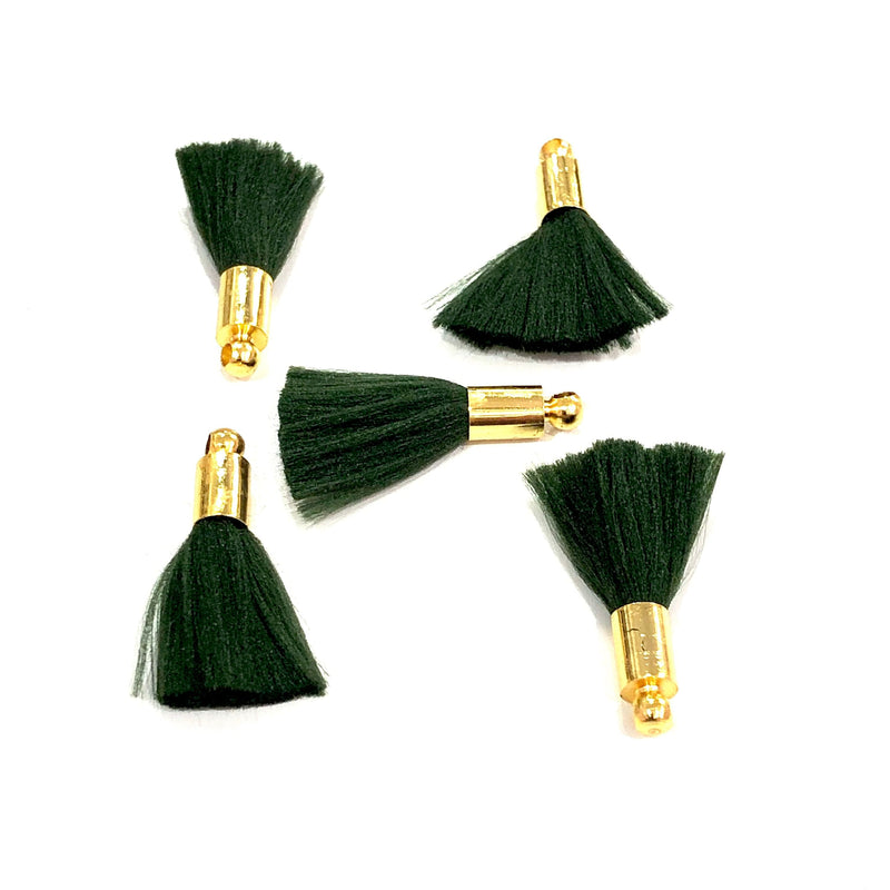 Smaragdgrüne Mini-Seidenquasten mit 24 Karat vergoldeten Kappen, 5 Quasten in einer Packung