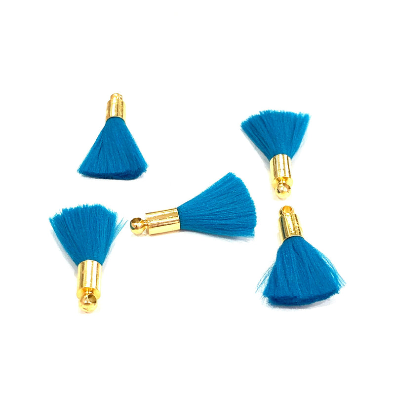 Blue Mini Silk Tassels with 24k Gold Plated Caps, 5 Tassels in a pack