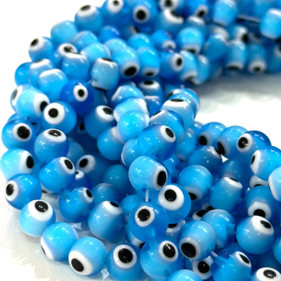 Evil Eye Beads, Strand of 48, Round Glass, 8mm Glass Beads, Lampwork Glass, Evil Eye Jewelry, Lampwork Beads, UK Beading Supply