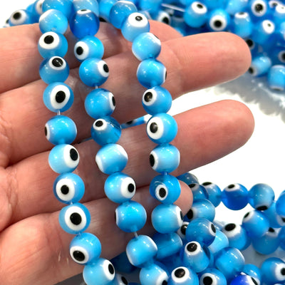 Evil Eye Beads, Strand of 48, Round Glass, 8mm Glass Beads,  Lampwork Glass, Evil Eye Jewelry, Lampwork Beads, UK Beading Supply