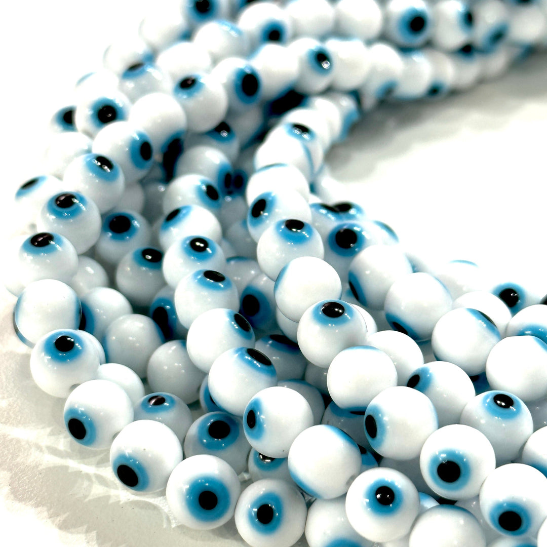 Evil Eye Beads, Strand of 48, Round Glass, 8mm Glass Beads, Lampwork Glass, Evil Eye Jewelry, Lampwork Beads, UK Beading Supply