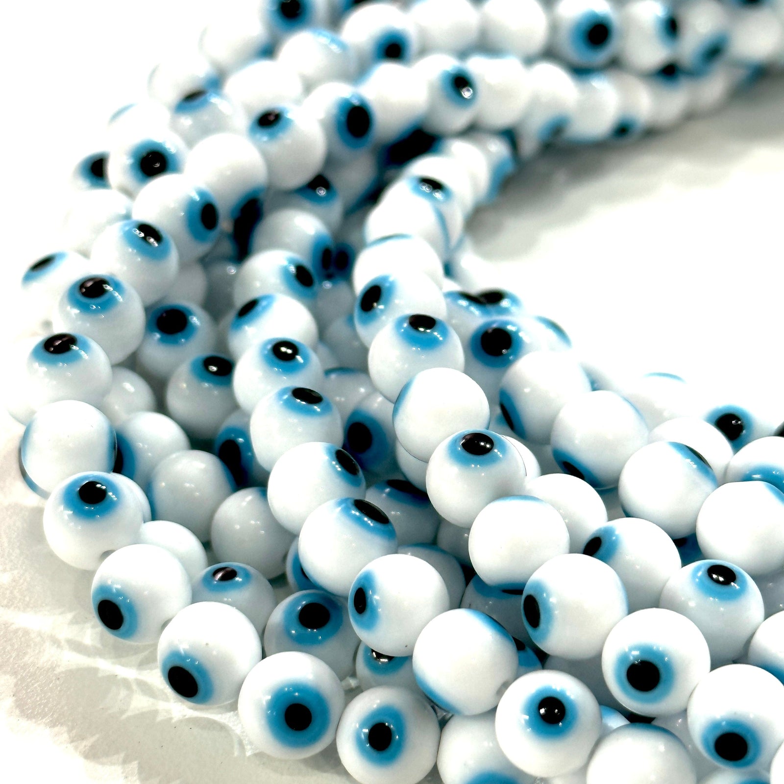 Evil Eye Beads, Strand of 48, Round Glass, 8mm Glass Beads, Lampwork Glass, Evil Eye Jewelry, Lampwork Beads, UK Beading Supply