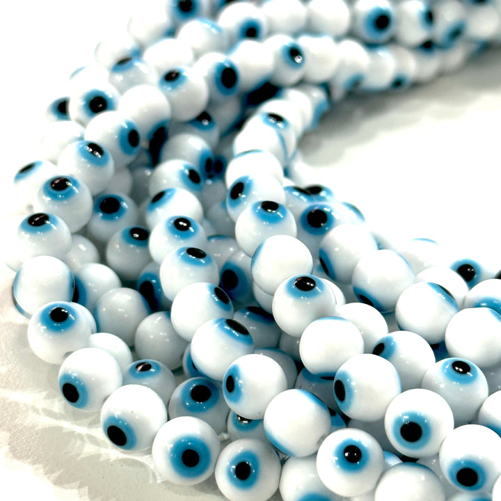 Evil Eye Beads, Strand of 48, Round Glass, 8mm Glass Beads, Lampwork Glass, Evil Eye Jewelry, Lampwork Beads, UK Beading Supply
