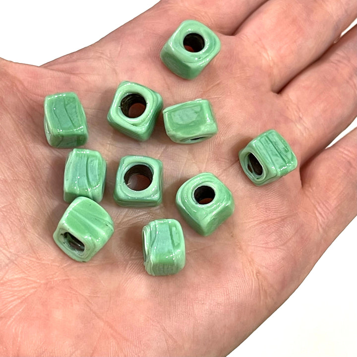 Hand Made Glass Cube Beads, Large Hole Traditional Lampwork Glass Beads, 10 Beads-MINT