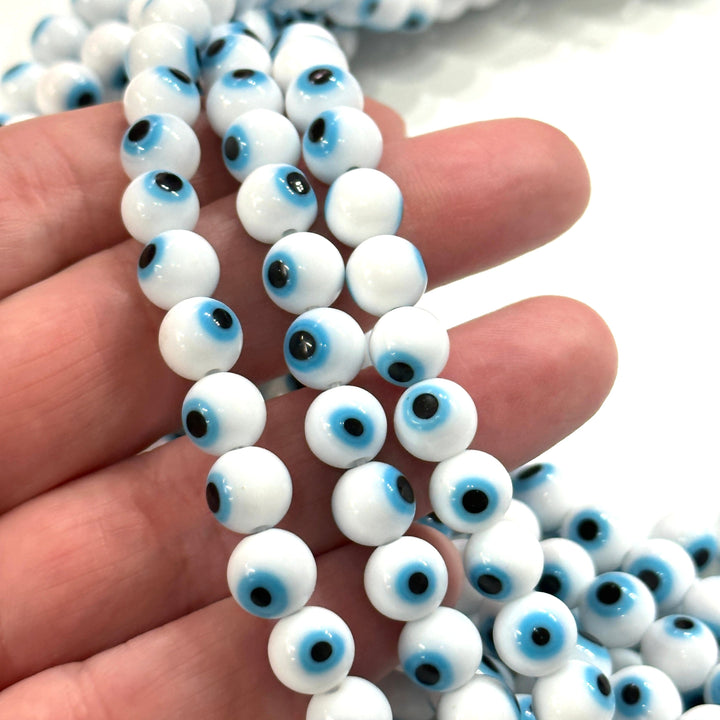 Evil Eye Beads, Strand of 48, Round Glass, 8mm Glass Beads, Lampwork Glass, Evil Eye Jewelry, Lampwork Beads, UK Beading Supply